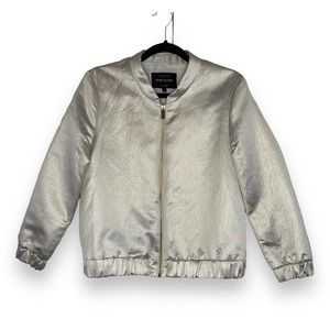 River Island Womens Zip Front Bomber Jacket UK Size 14 Ivory Gold Metallic Shiny